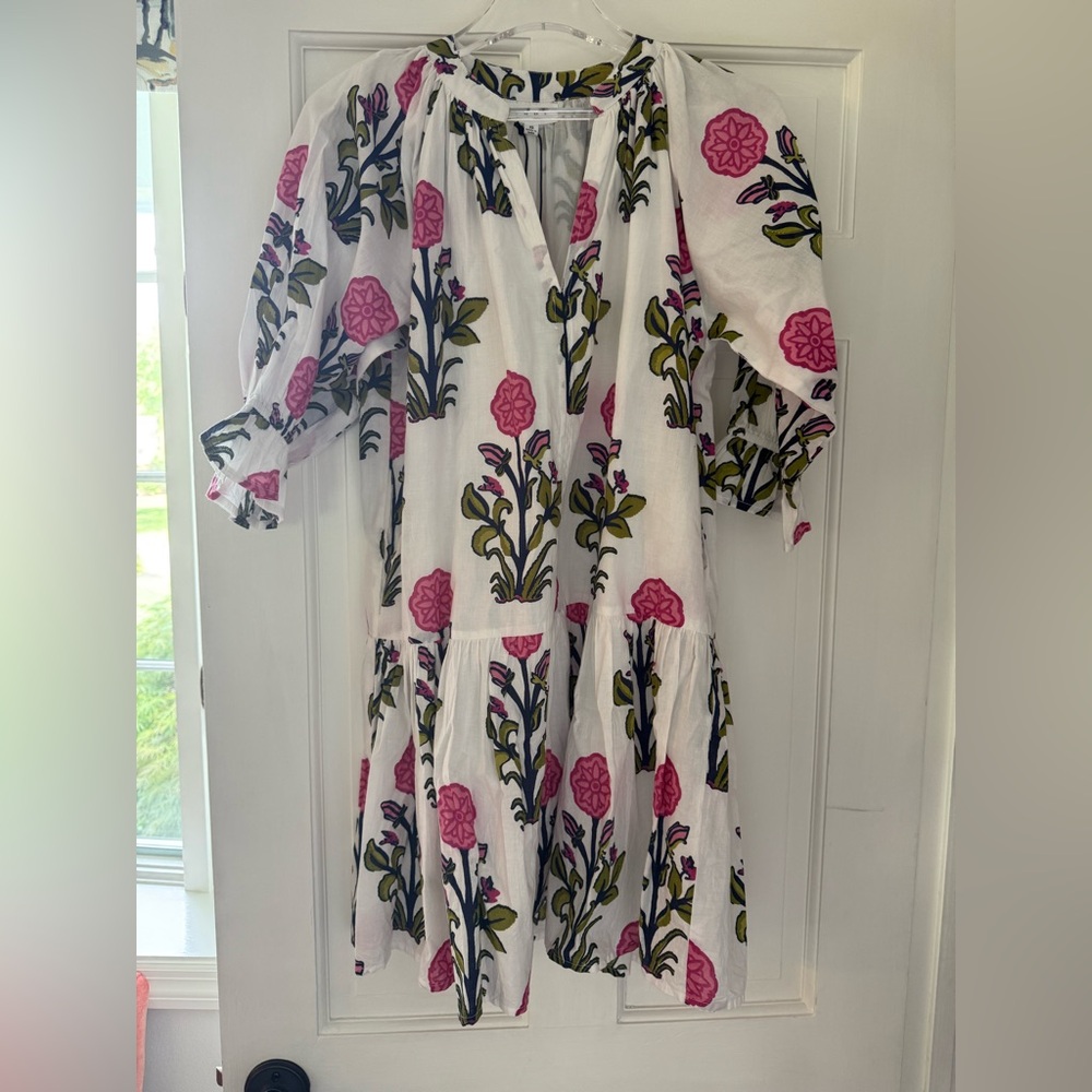 THML White Floral Dress with Pink and Green Print
